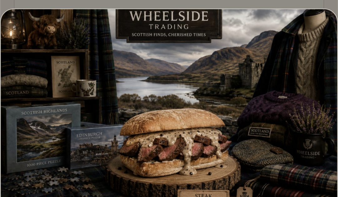 Wheelside steak sandwich on a wooden board with Scottish Highlands scenery
