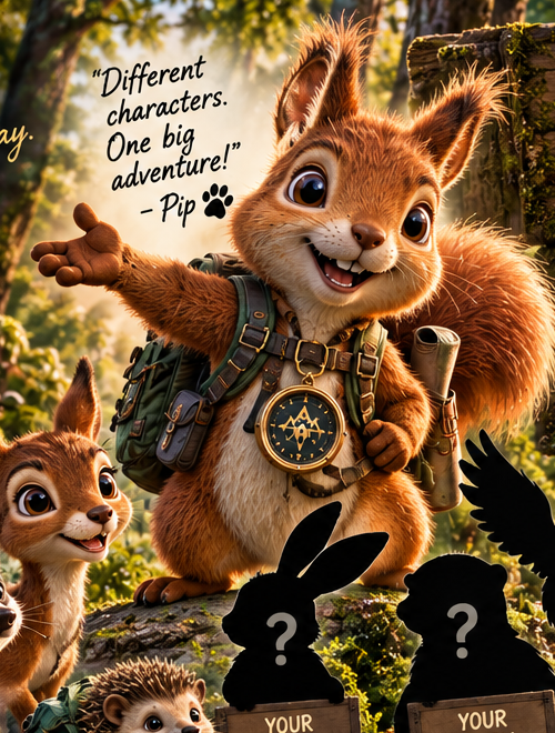 Pip, the red squirrel explorer who guides Wheelside Adventures, holding a compass in a sunlit woodland