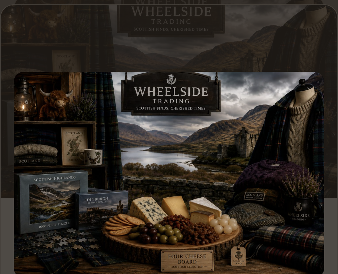 Wheelside four cheese board with Scottish Highlands scenery