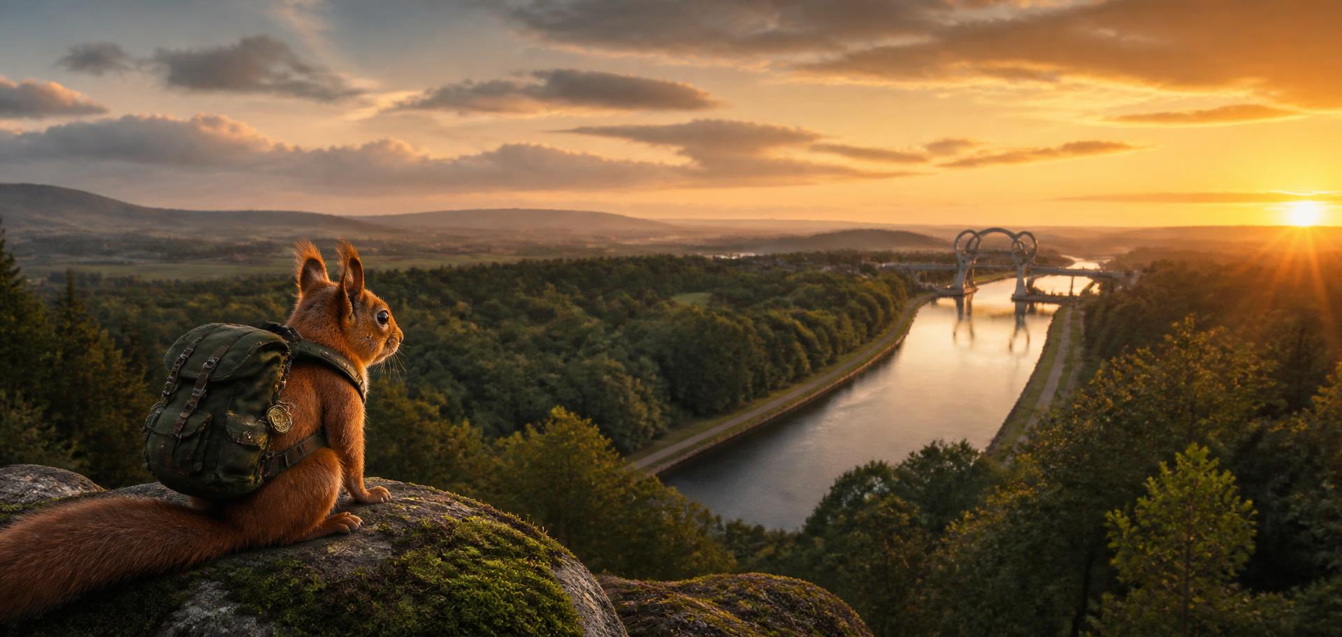 Pip looking over the Falkirk landscape and canal at sunset