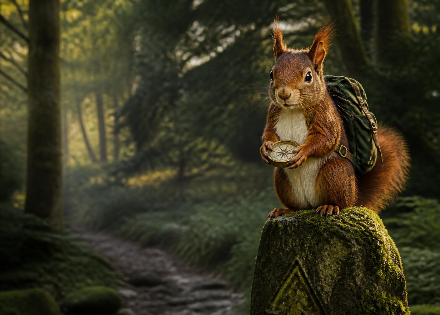 Pip the red squirrel explorer holding a compass in a Scottish woodland