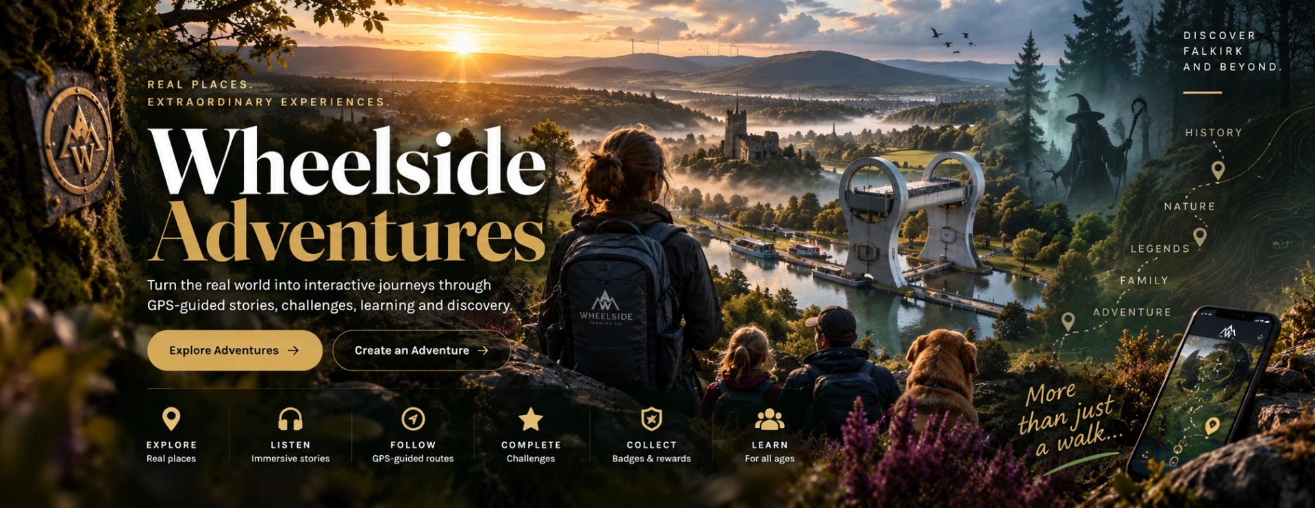 Wheelside Adventures around Falkirk Walkers and a dog looking out over the Falkirk Wheel and surrounding countryside at sunrise