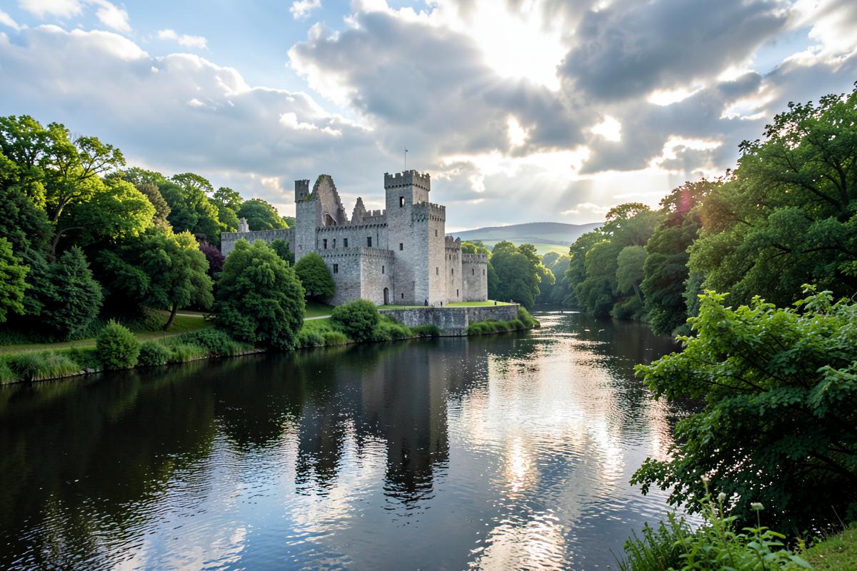 A historic castle beside a calm river surrounded by trees