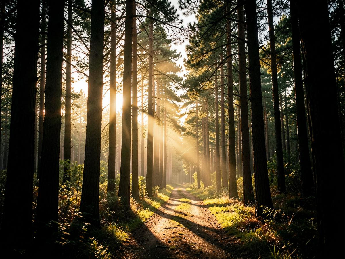 Sunlight streaming through a pine forest path