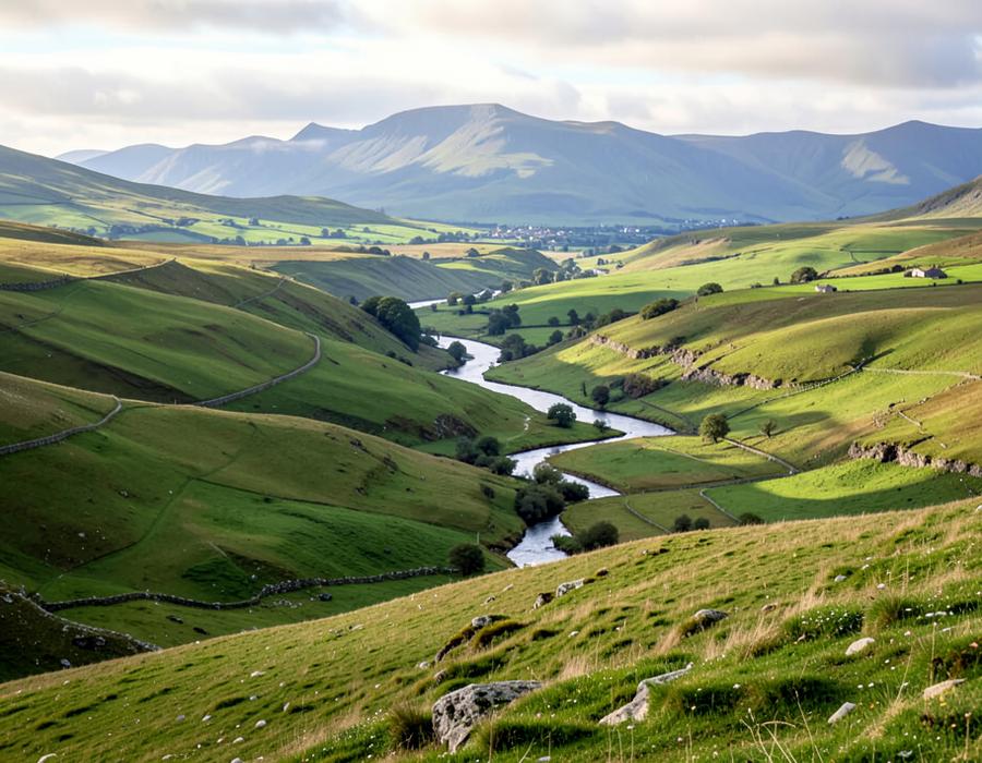 Rolling green hills and a river valley