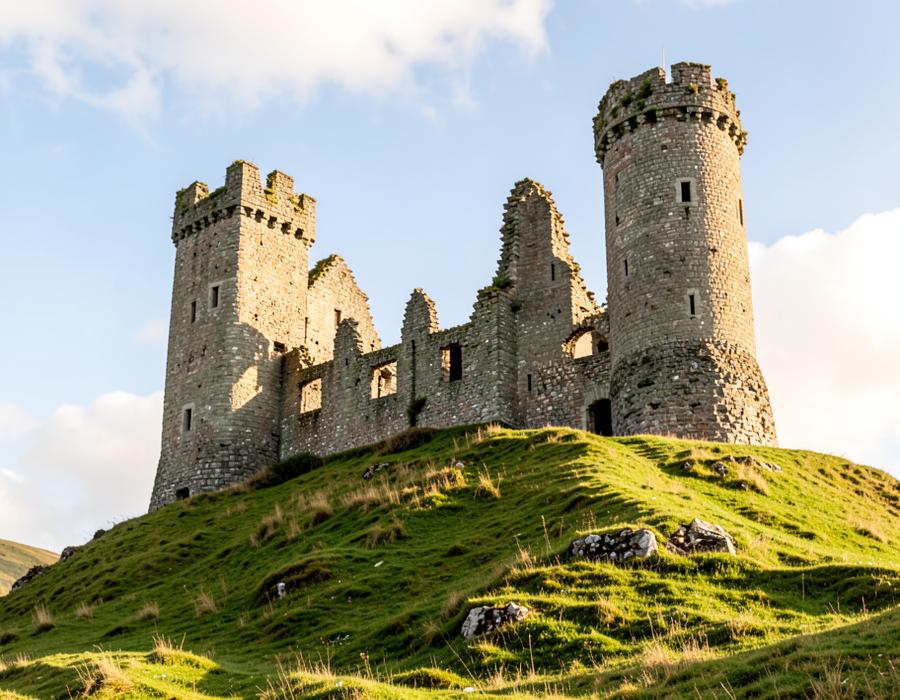 Historic castle ruin on a grassy hill