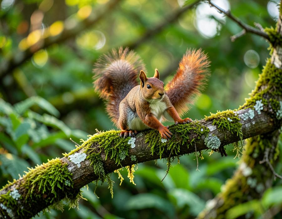 Red squirrel on a mossy branch in woodland